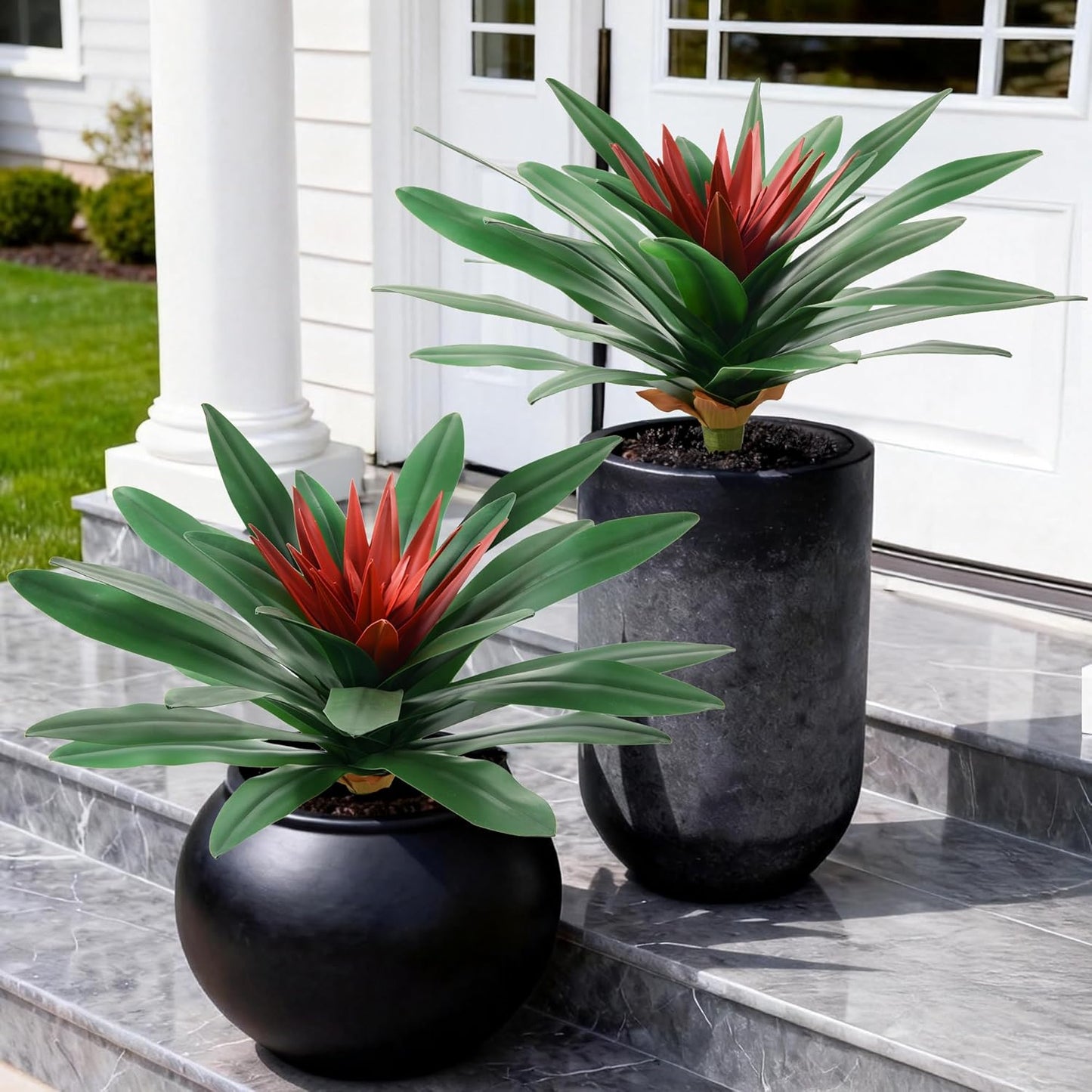 Fake Plants,21.7 Inch Bromeliads Large Artificial Plants Outdoor Faux Plants UV Resistant Realistic Tropical Greenery Outside for Planter Porch Patio Yard Garden Indoor
