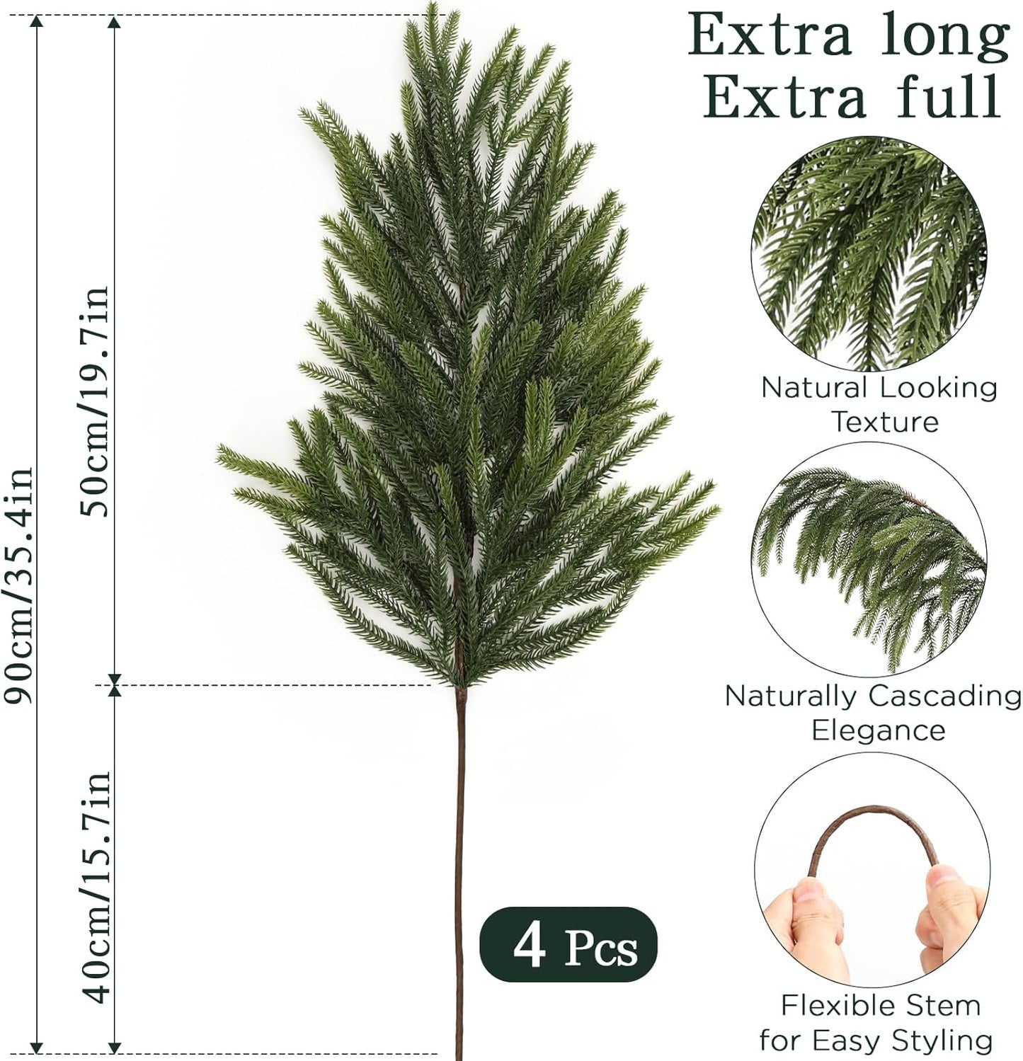 36 Inch Norfolk Pine Branches, Soft Textured Artificial Norfolk Pine Stems, Faux Cedar Pine Greenery Picks for Vase, DIY Garland Wreath, Christmas Indoor Outdoor Home Decor