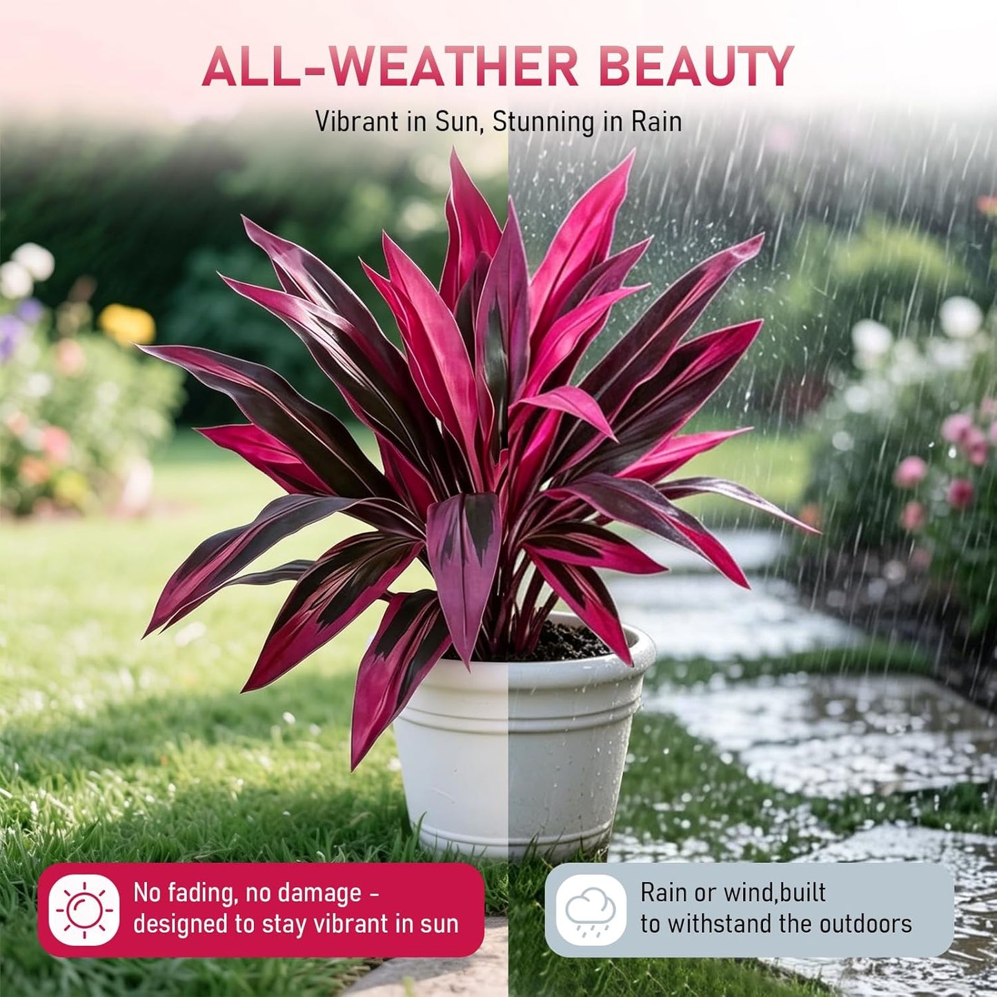 Large Realistic Artificial Boston Fern & Dragon's Blood Tree Artificial Turf UV Resistant Red Cordyline Ti Plants Red/Pink Vibrant Purple Leaves