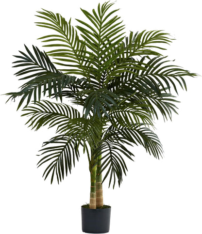4ft Golden Cane Palm, Double Stalk Artificial Tree With Lush Realistic Foliage Maintenance Free Indoor Faux Palm Plant For Living Room, Easy Setup, Perfect Tropical Decoration
