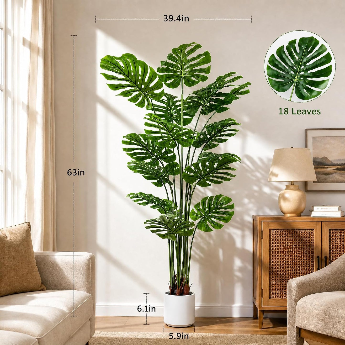 Artificial Monstera Deliciosa Plant 5.2ft, Lifelike Faux Swiss Cheese Floor Plant with 18 Leaves in Pot, Tall Fake Tropical Tree for Indoor Home Living Room Office Decor