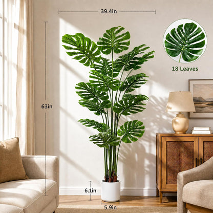 Artificial Monstera Deliciosa Plant 5.2ft, Lifelike Faux Swiss Cheese Floor Plant with 18 Leaves in Pot, Tall Fake Tropical Tree for Indoor Home Living Room Office Decor