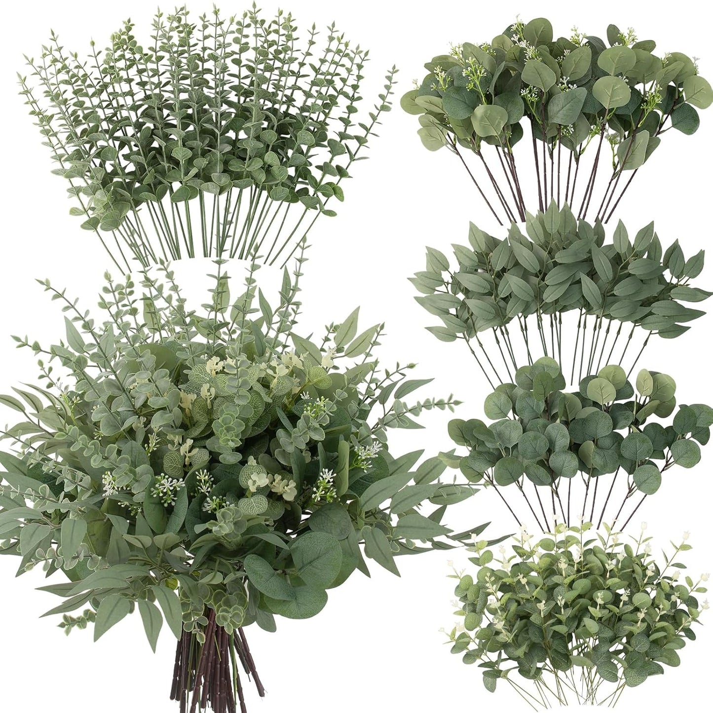 130 Pcs Artificial Mixed EucalyptusStems Bulk, 5 Kinds of Faux GreeneryEucalyptus Leaves Bulk for Vase Wedding DIY Bouquets Floral Arrangement Home Decor (130, Green)