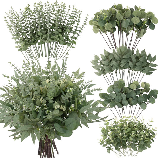 130 Pcs Artificial Mixed EucalyptusStems Bulk, 5 Kinds of Faux GreeneryEucalyptus Leaves Bulk for Vase Wedding DIY Bouquets Floral Arrangement Home Decor (130, Green)