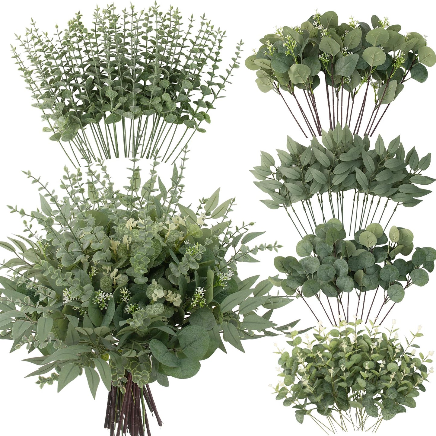 130 Pcs Artificial Mixed EucalyptusStems Bulk, 5 Kinds of Faux GreeneryEucalyptus Leaves Bulk for Vase Wedding DIY Bouquets Floral Arrangement Home Decor (130, Green)
