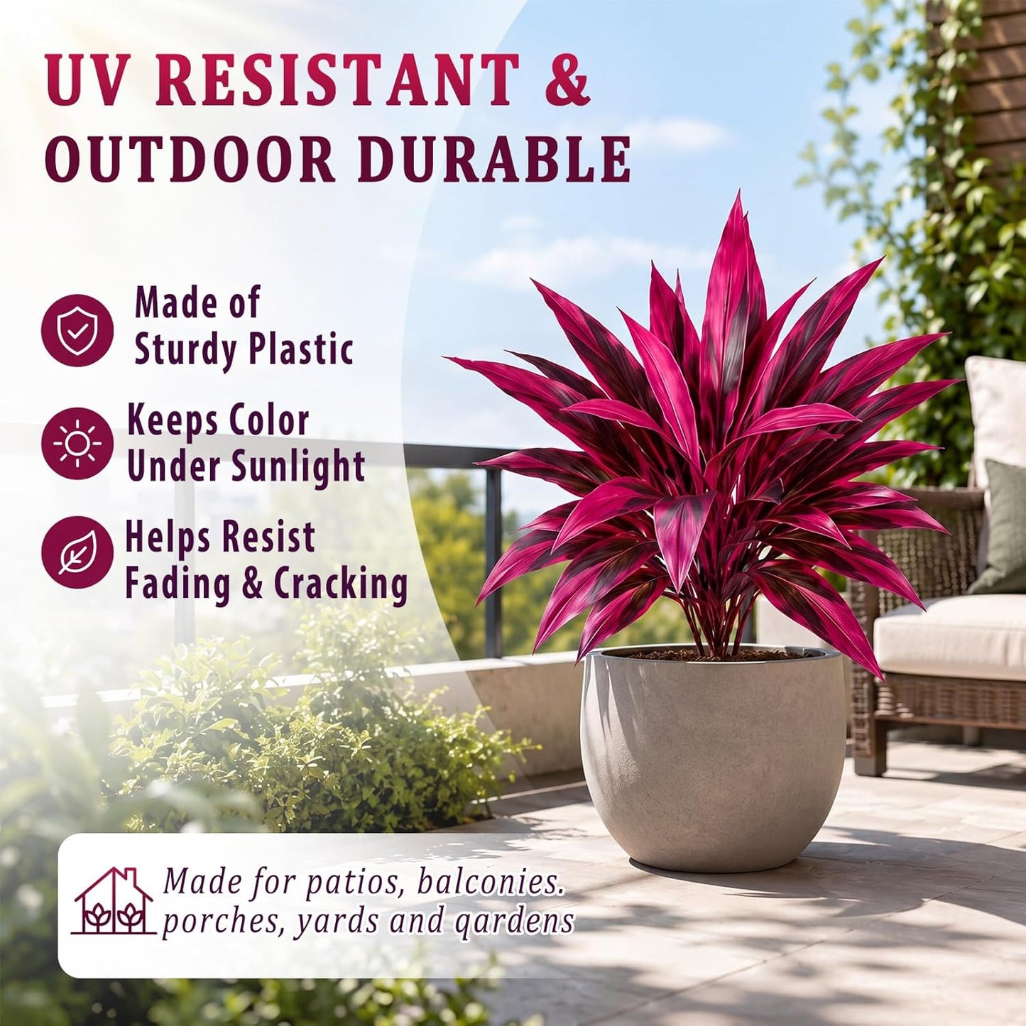 Artificial Tropical Plants Faux Cordyline Fruticosa Logs Fake Boston Ferns UV Resistant Artificial Outdoor Greenery Pink Purple for Garden Patio Balcony Porch Yard Home Decor