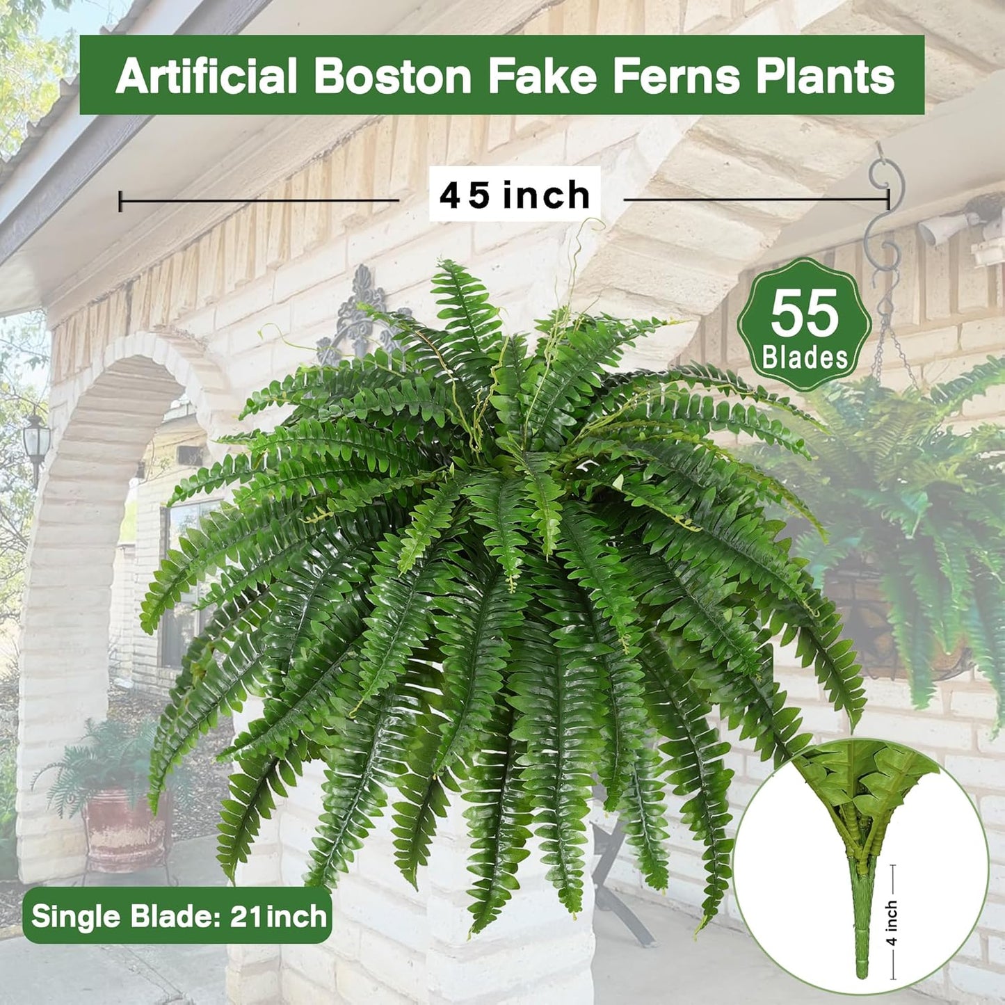 Artificial Boston Fern Bush Large Artificial Ferns for Outdoors, 45Inch Large Faux Ferns, Suitable for Office & Living Room Decor, 55Branches for Each Bouquet