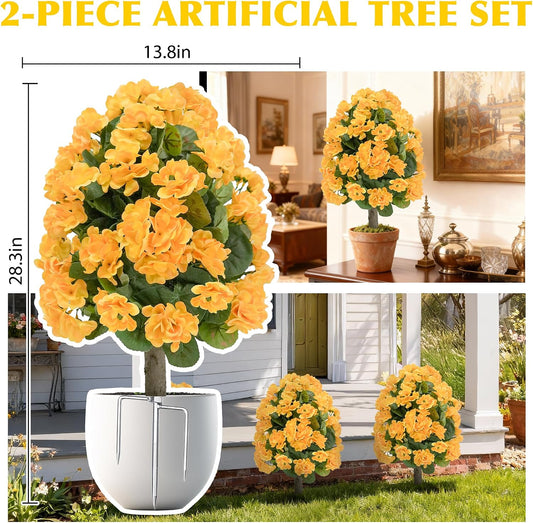 Artificial Topiary Flower Balls Outdoor , UV Resistant Faux Outdoor Plants with Durable Metal Stakes, Realistic Bark-Textured Trunk, for Front Porch Outdoor Decor Patio Garden Decor