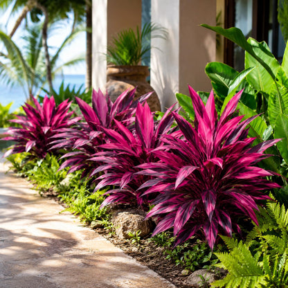 Artificial Tropical Plants Faux Cordyline Fruticosa Logs Fake Boston Ferns UV Resistant Artificial Outdoor Greenery Pink Purple for Garden Patio Balcony Porch Yard Home Decor