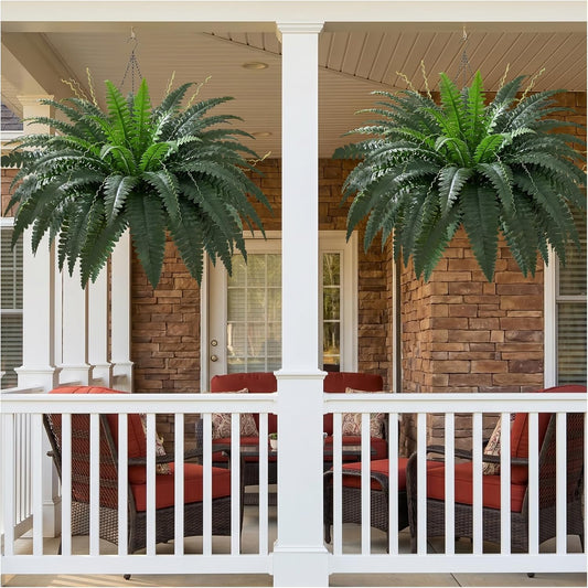 35" Large Artificial Boston Fake Ferns Faux Outdoor Fern for Porch and Hanging, Realistic Silk Fake Ferns with Bendable Stems, No-Styling Needed, Decor for Home Garden