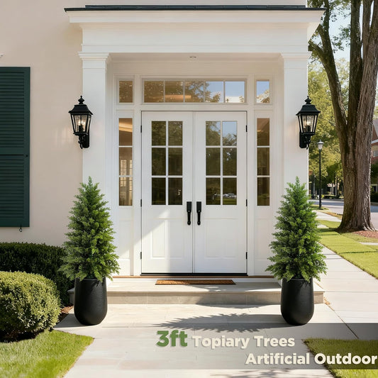 4FT Artificial Cedar Topiary Tree, Realistic Faux Evergreen in Black Bullet Planter + Fillable Water Bag, Indoor Outdoor Fake Cedar for Front Porch Entryway Office Home Decor