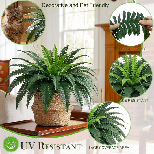 35" Large Artificial Boston Fake Ferns Faux Outdoor Fern for Porch and Hanging, Realistic Silk Fake Ferns with Bendable Stems, No-Styling Needed, Decor for Home Garden