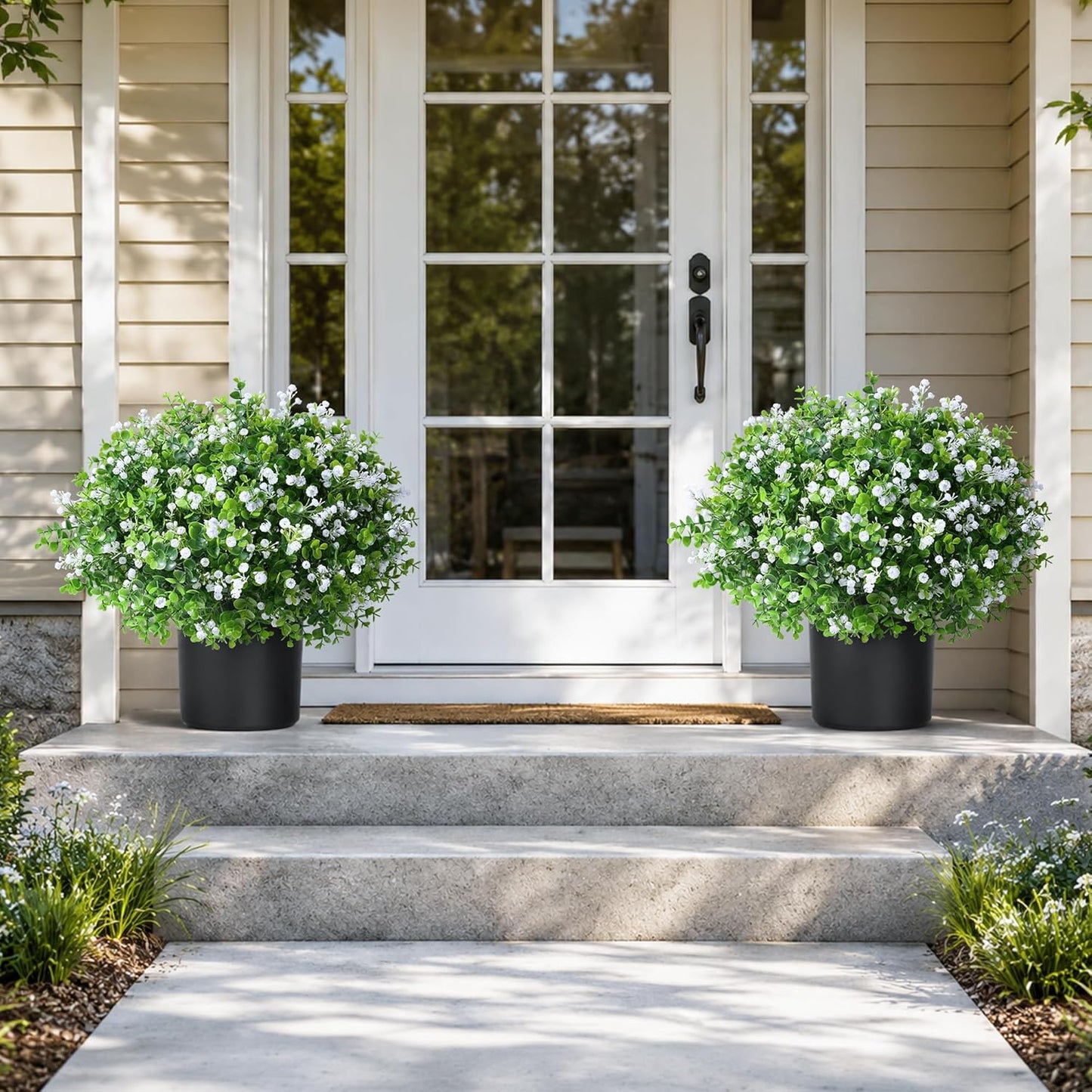 Fake Plants Artificial Flowers for Outdoors Decor, Fake Potted Plants Baby Breath With Green Eucalyptus Look Real UV Resistant Artificial Greenery with Pot for Outside Porch Garden Patio Yard