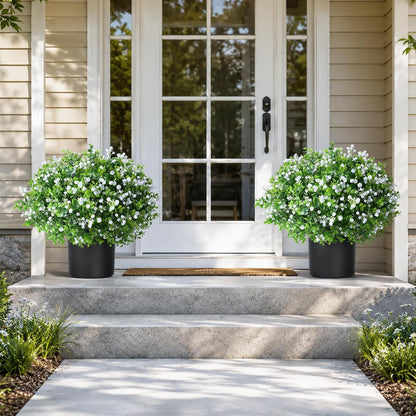 Fake Plants Artificial Flowers for Outdoors Decor, Fake Potted Plants Baby Breath With Green Eucalyptus Look Real UV Resistant Artificial Greenery with Pot for Outside Porch Garden Patio Yard