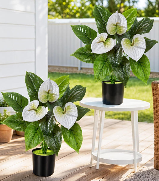 Anthurium Artificial Flowers Plants with Pots for Indoor Outdoor Decoration, Realistic Fake Potted Plants, UV Resistant Faux Tropical Greenery for Home Office Garden