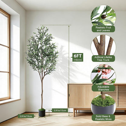 6ft Olive Tree Artificial Indoor, Fake Tree Potted Faux Olive Trees with Lifelike Fruits and Realistic Leaves, Artificial Plants Indoor Fake Plants for Modern Home Office Living Room Decor
