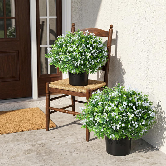 Fake Plants Artificial Flowers for Outdoors Decor, Fake Potted Plants Baby Breath With Green Eucalyptus Look Real UV Resistant Artificial Greenery with Pot for Outside Porch Garden Patio Yard