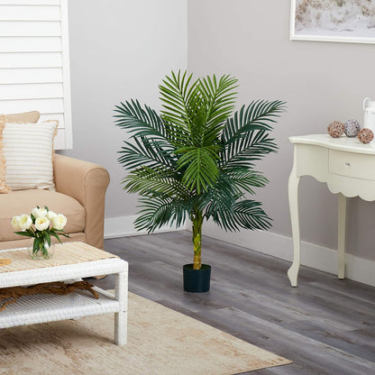 4ft Golden Cane Palm, Double Stalk Artificial Tree With Lush Realistic Foliage Maintenance Free Indoor Faux Palm Plant For Living Room, Easy Setup, Perfect Tropical Decoration