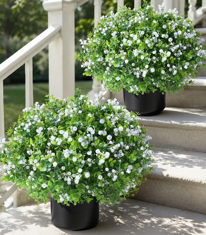 Fake Plants Artificial Flowers for Outdoors Decor, Fake Potted Plants Baby Breath With Green Eucalyptus Look Real UV Resistant Artificial Greenery with Pot for Outside Porch Garden Patio Yard