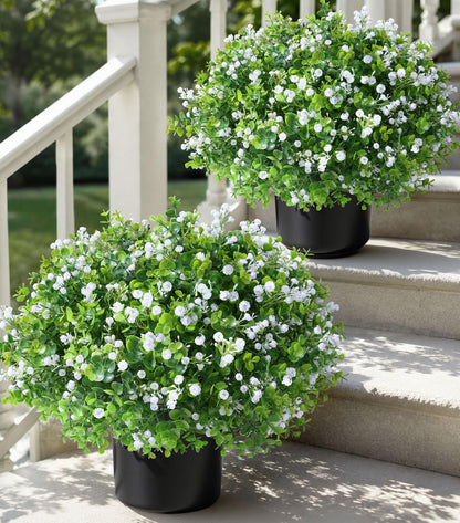 Fake Plants Artificial Flowers for Outdoors Decor, Fake Potted Plants Baby Breath With Green Eucalyptus Look Real UV Resistant Artificial Greenery with Pot for Outside Porch Garden Patio Yard