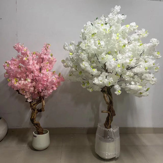 White Cherry Blossom Trees Artificial PE Trunk with Silk Grass Eco-Friendly Lightweight  for Indoor/Outdoor Use