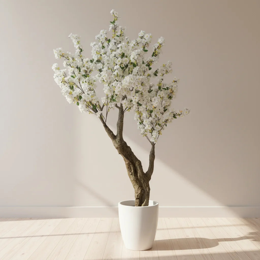 White Cherry Blossom Trees Artificial PE Trunk with Silk Grass Eco-Friendly Lightweight  for Indoor/Outdoor Use